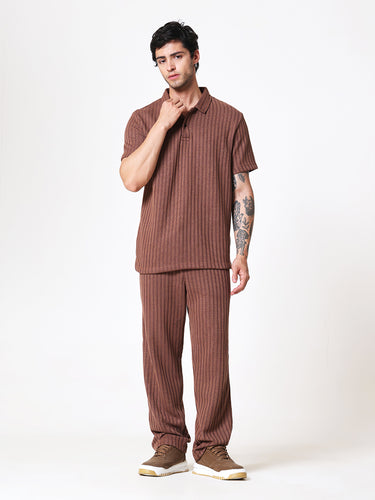 Coffee Brown Knit Polo Coord Set