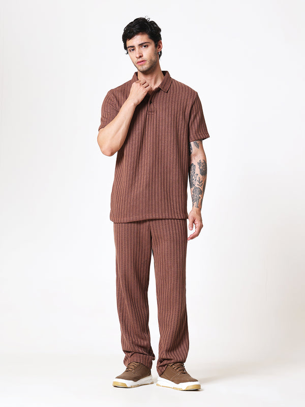 Coffee Brown Knit Polo Coord Set