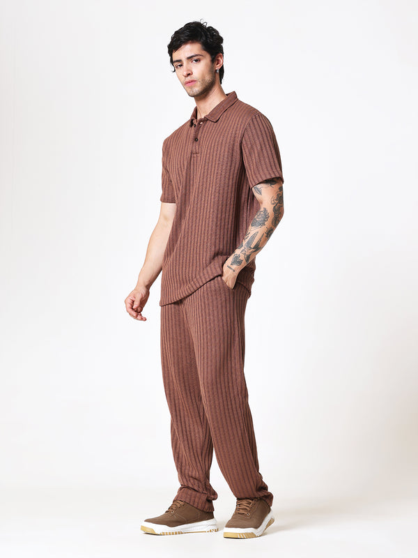 Coffee Brown Knit Polo Coord Set