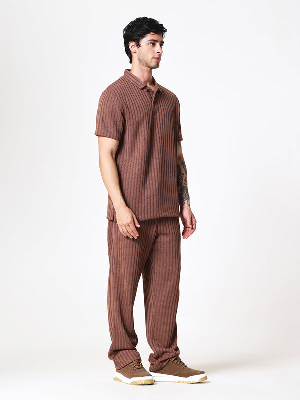 Coffee Brown Knit Polo Coord Set