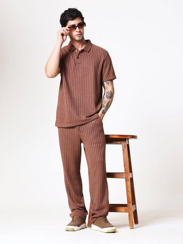 Coffee Brown Knit Polo Coord Set