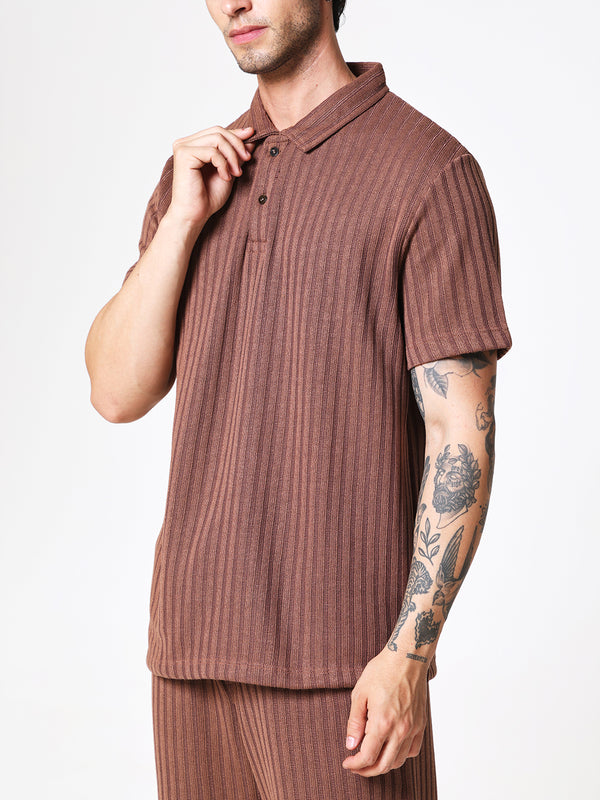 Coffee Brown Knit Polo Coord Set
