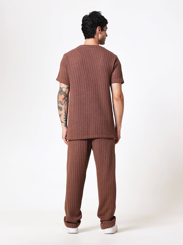 Coffee Brown Knit Round Neck Coord Set