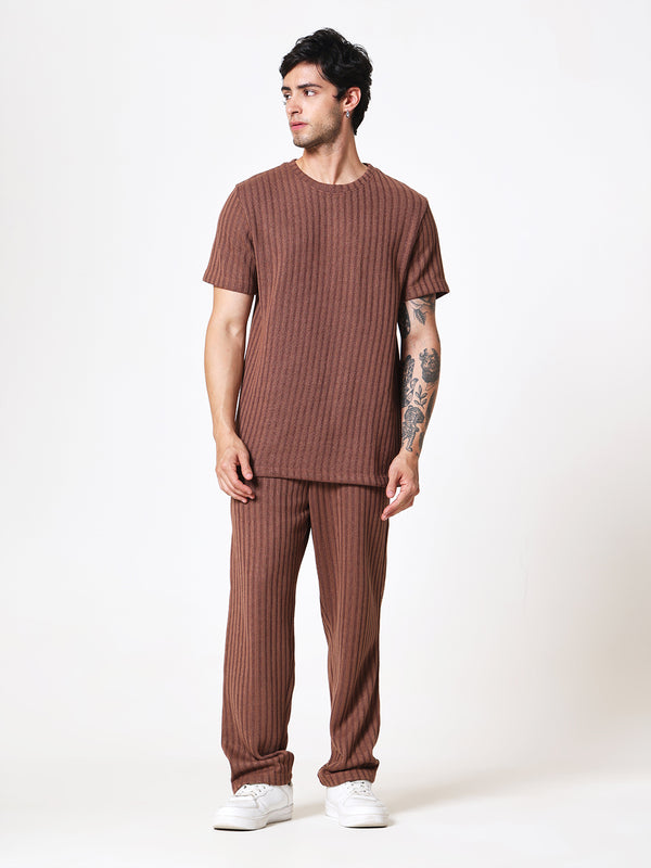 Coffee Brown Knit Round Neck Coord Set