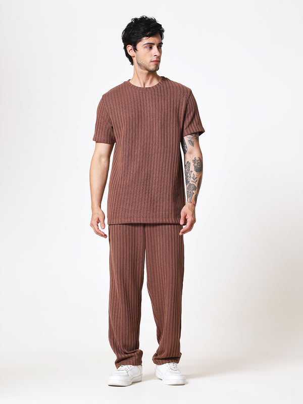 Coffee Brown Knit Round Neck Coord Set