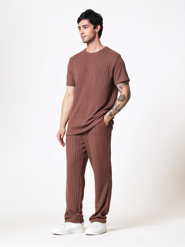 Coffee Brown Knit Round Neck Coord Set