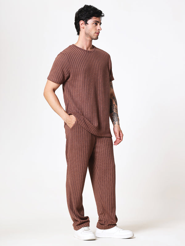 Coffee Brown Knit Round Neck Coord Set
