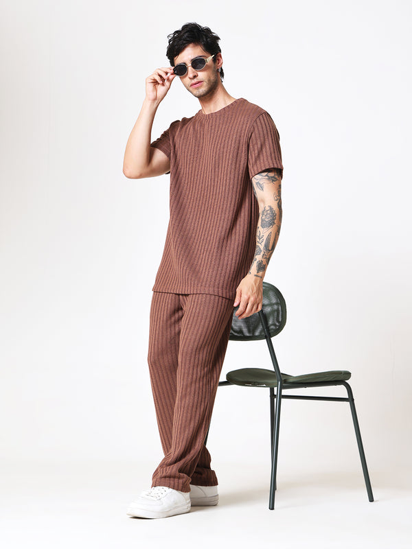 Coffee Brown Knit Round Neck Coord Set
