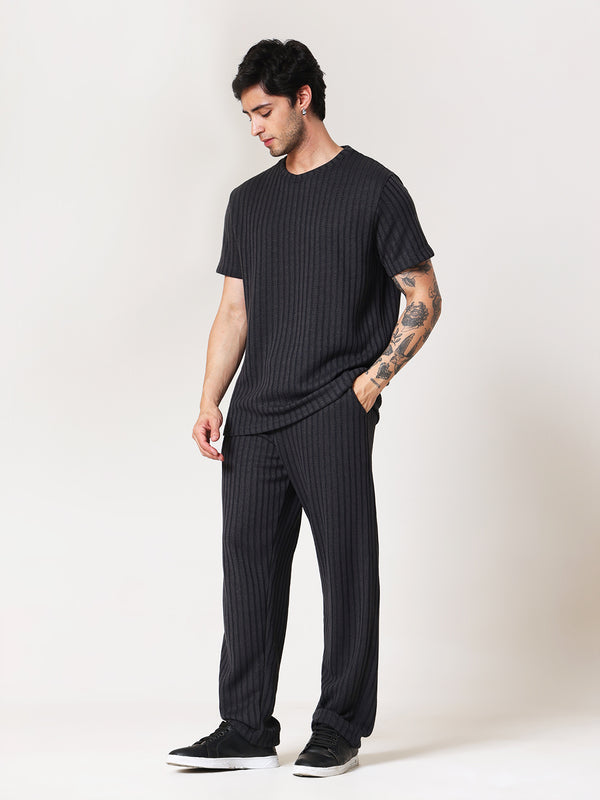 Charcoal Black Knit Round Neck Coord Set