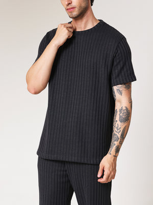 Charcoal Black Knit Round Neck Coord Set