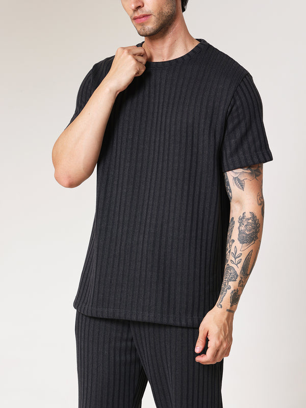 Charcoal Black Knit Round Neck Coord Set