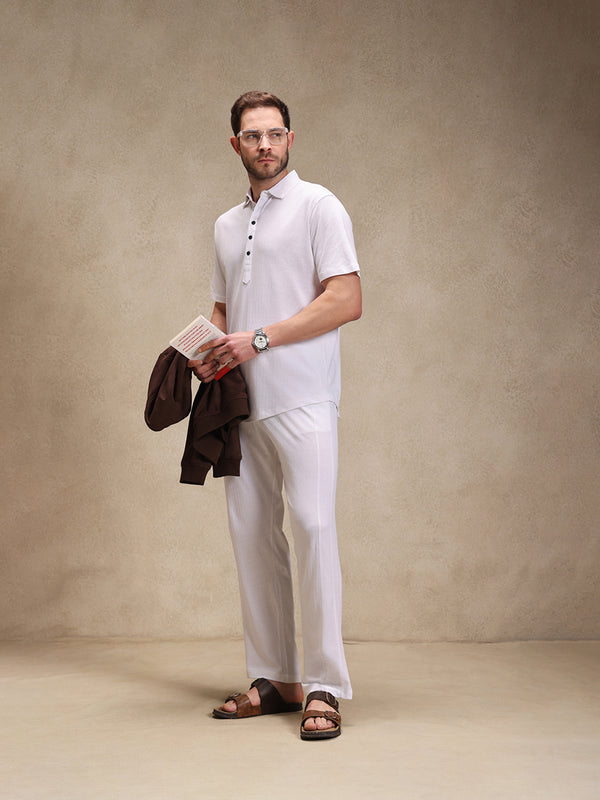 Milk White Linen Look Polo Co-ord Set