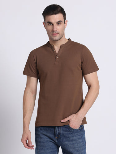 Mocha Brown Henley - 100% Pique Cotton